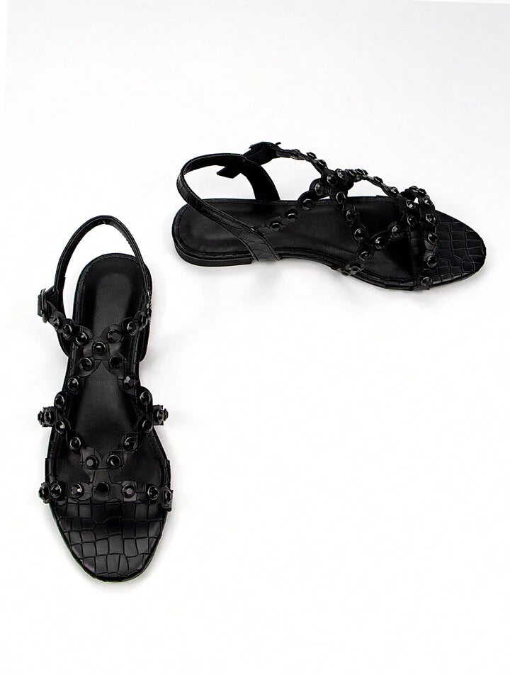 CM-SHS499870 Women Trendy Seoul Style Rhinestone Decor Hollow Embossed Round Toe Slingback Flat Sandals
