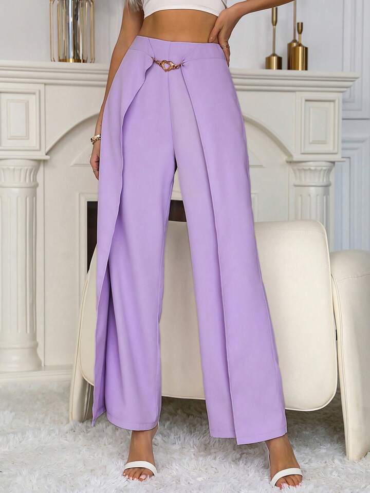 CM-BS866349 Women Casual Seoul Style Heart Shaped Ring Decor Wide Leg Pants - Purple