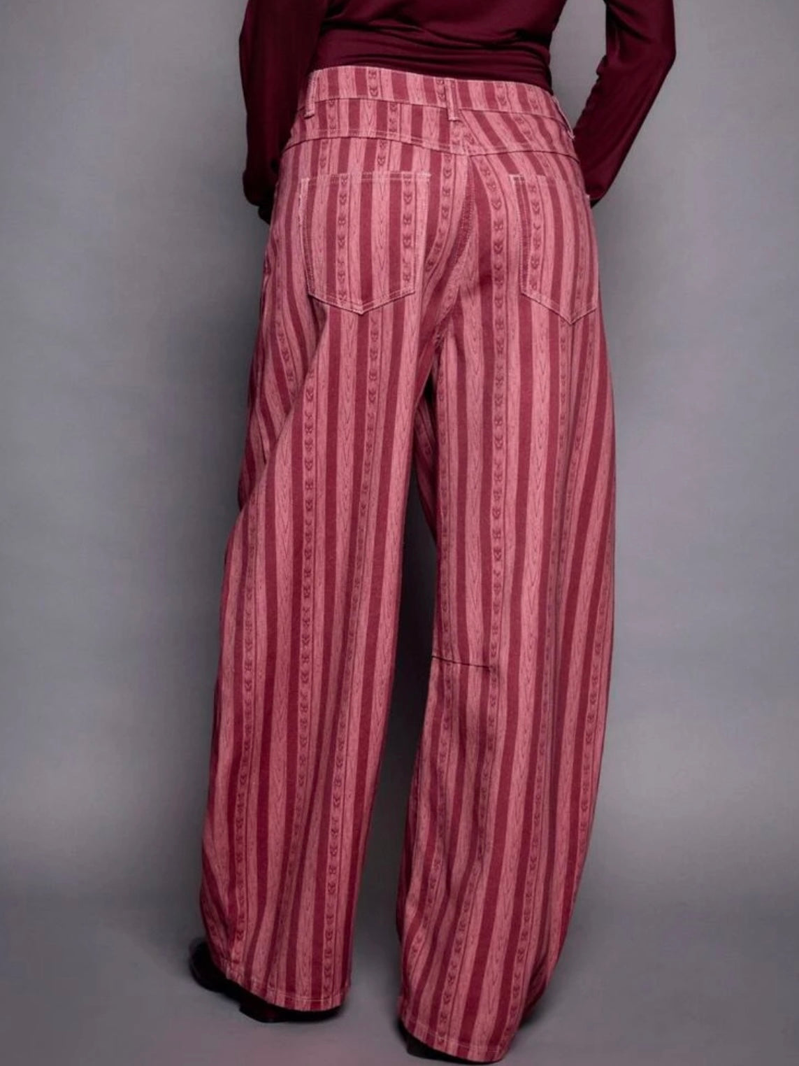 CM-BS265839 Women Elegant Seoul Style Mid Waist Striped Loose-Fitting Flare Leg Trousers - Hot Pink