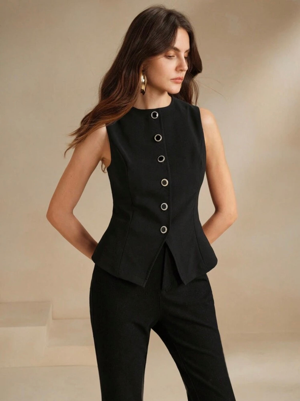 CM-TS041048 Women Elegant Seoul Style Round Neck Single-Breasted Asymmetrical Top - Black
