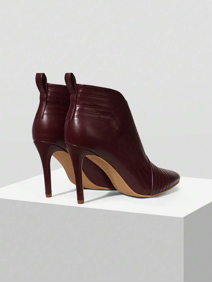 CM-SHS001358 Women Trendy Seoul Style Quilted Line Pointed Toe High Heel Ankle Boots - Burgundy