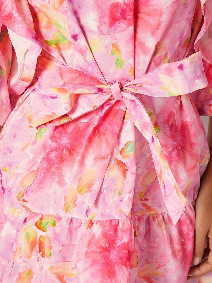 CM-DS011819 Women Trendy Bohemian Style Shirt Collar Short Sleeve Floral Printed Mini Dress