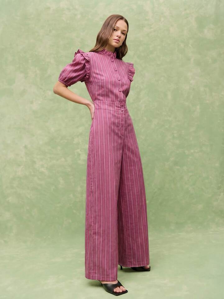 CM-JS310763 Women Casual Seoul Style Ruffled Collar Puff Sleeve Wide Leg Pinstripe Jumpsuit - Red
