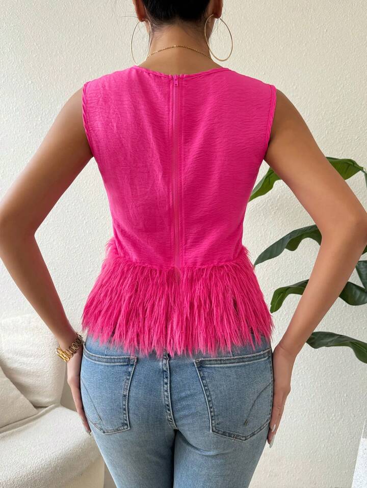 CM-TS992298 Women Casual Seoul Style Round Neck Sleeveless Loose Furry Hem Blouse - Hot Pink