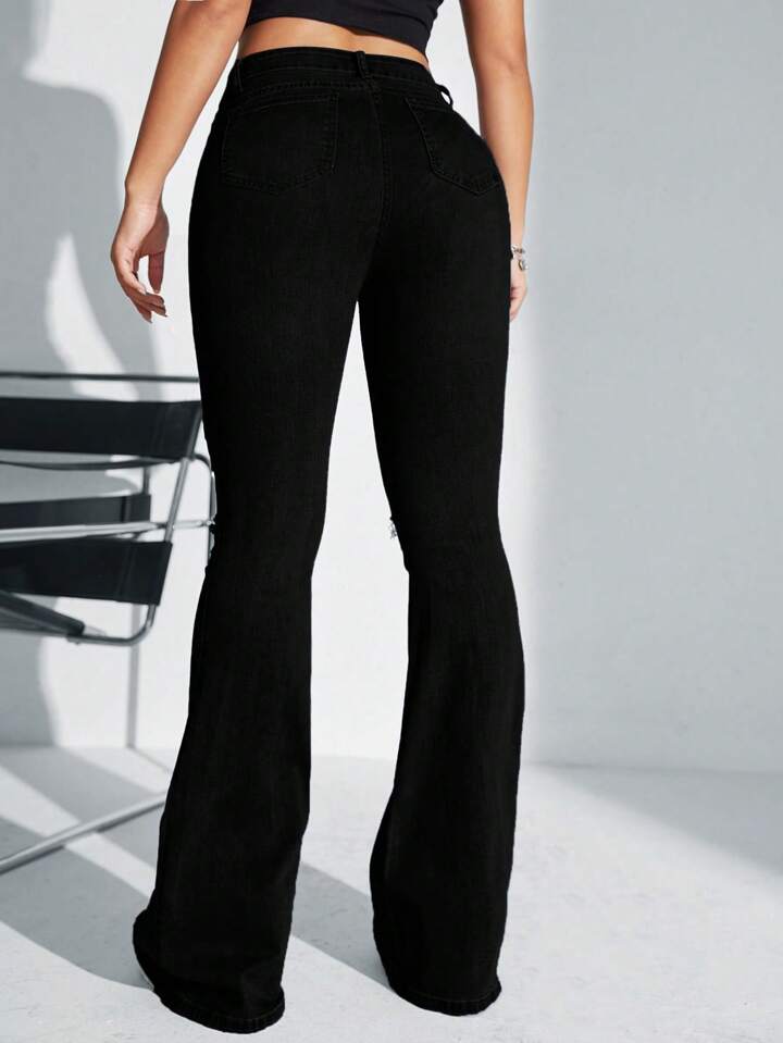 CM-BS577768 Women Casual Seoul Style Solid Color Frayed Hem Skinny Flared Jeans - Black