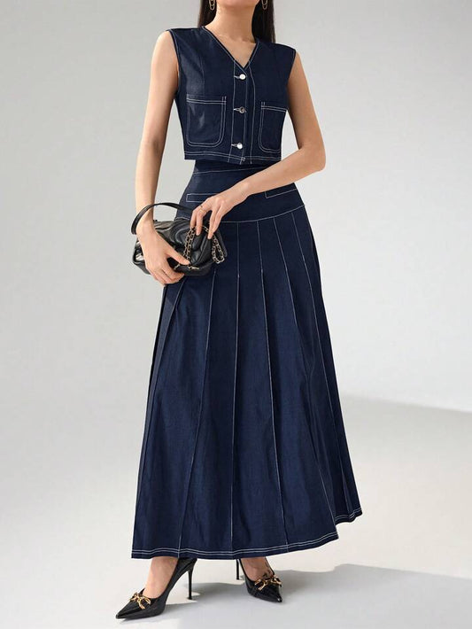 CM-SS998951 Women Elegant Seoul Style V-Neck Front Button Sleeveless Blouse With A-Line Skirt - Set