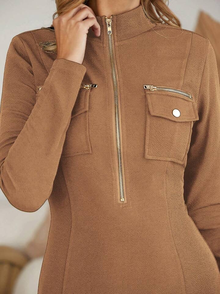 CM-DS579097 Women Elegant Seoul Style Stand Collar Zip Front Flap Pocket Dress - Camel