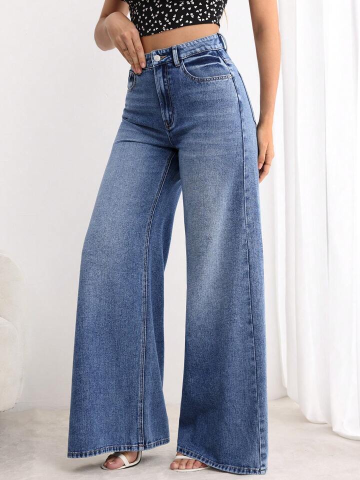 CM-BS966802 Women Elegant Seoul Style Medium Wash Button Front Pocket Loose Wide Leg Jeans