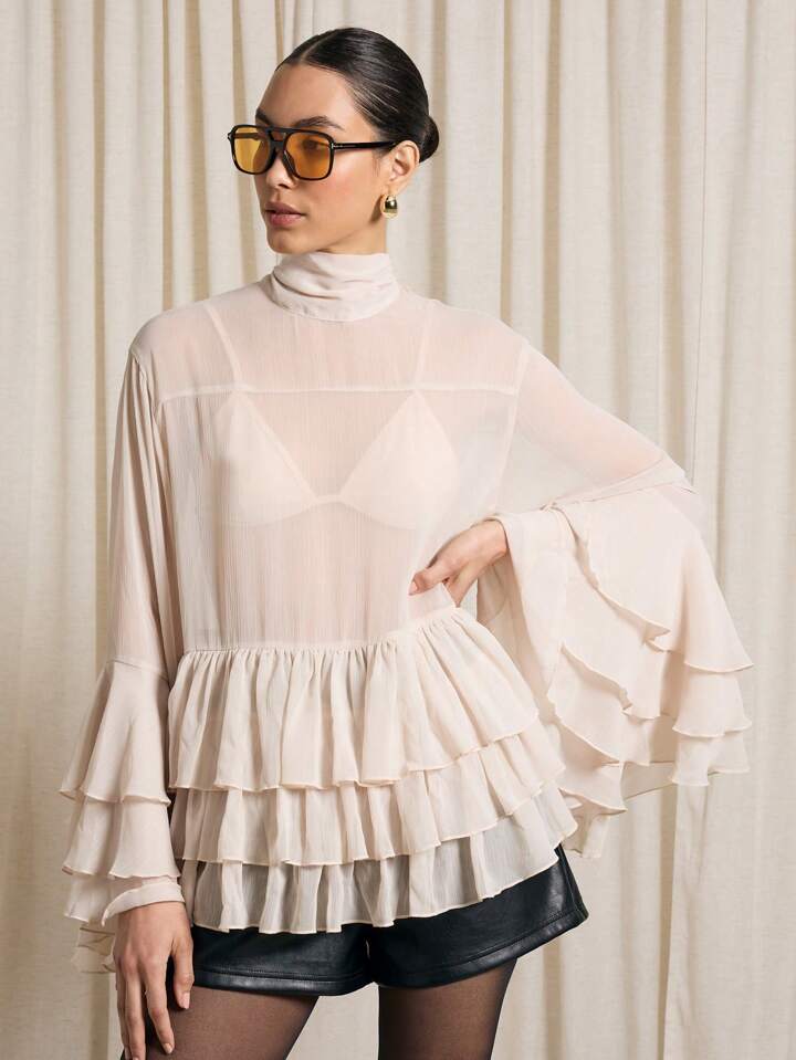 CM-TS243956 Women Elegant Seoul Style Tie Neck Bishop Sleeve Ruffle Volume Blouse - Apricot