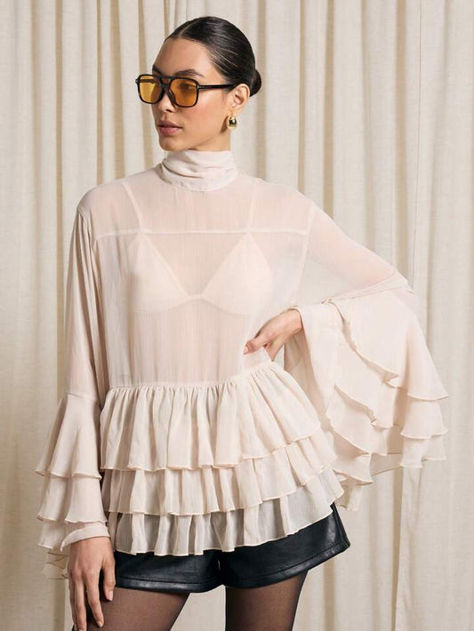 CM-TS243956 Women Elegant Seoul Style Tie Neck Bishop Sleeve Ruffle Volume Blouse - Apricot