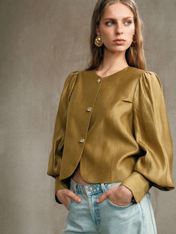CM-TS487747 Women Elegant Seoul Style Round Neck Extra Long Puff Sleeve Button Front Shirt - Mustard Yellow