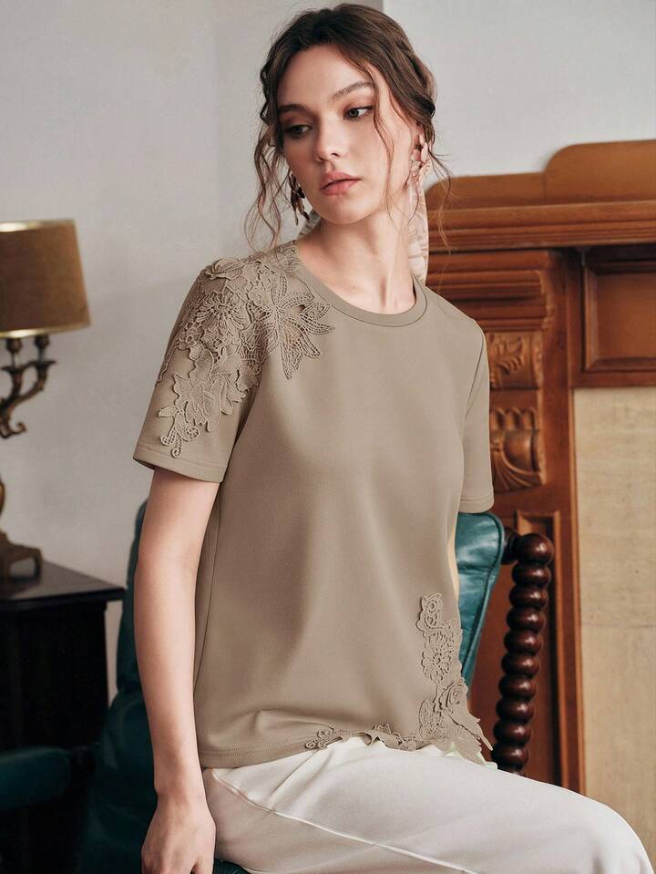 CM-TS777949 Women Elegant Seoul Style Round Neck Short Sleeve Lace Patchwork 3D Embroidered Floral Knit T-Shirt - Khaki