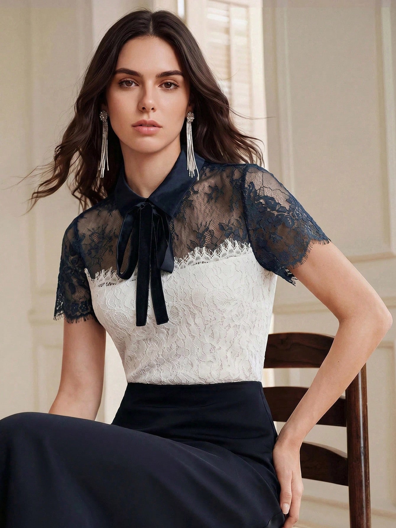 CM-TS067772 Women Elegant Seoul Style Collar Tie Neck Short Sleeve Lace Color Blocking Top - Blue