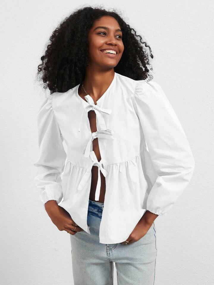 CM-TS961973 Women Casual Seoul Style Print Ruffle Hem Tie Long Sleeve Shirt - White
