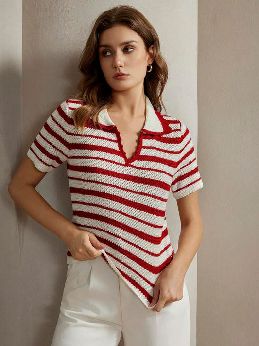 CM-TS119246 Women Casual Seoul Style Colorblock Striped Collar Neckline Short Sleeve Knit Top - Burgundy
