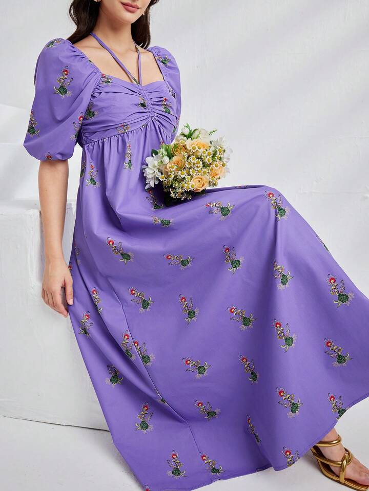 CM-DS444291 Women Casual Seoul Style Floral Print Short Puff Sleeve Long Dress - Purple