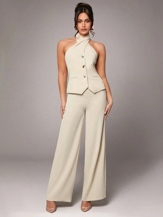 CM-SS288971 Women Elegant Seoul Style Sleeveless Metal Buckle Slim Halter Top With Pants Suit - Apricot