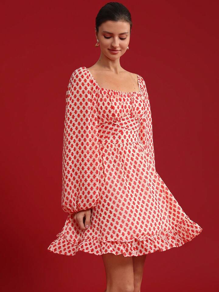 CM-DS515289 Women Elegant Seoul Style Square Neck Geometric Print Long Sleeve Peplum Hem Midi Dress