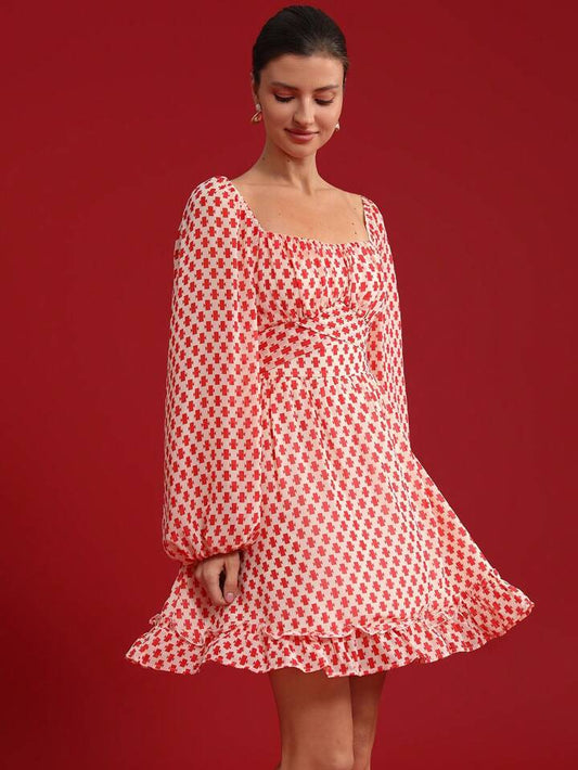CM-DS515289 Women Elegant Seoul Style Square Neck Geometric Print Long Sleeve Peplum Hem Midi Dress