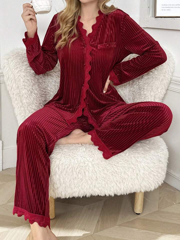 CM-LS590255 Women Trendy Seoul Style V-Neck Long Sleeve Lace Trim Velvet Pajama Set - Burgundy