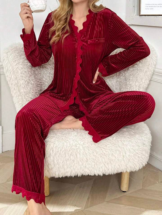 CM-LS590255 Women Trendy Seoul Style V-Neck Long Sleeve Lace Trim Velvet Pajama Set - Burgundy