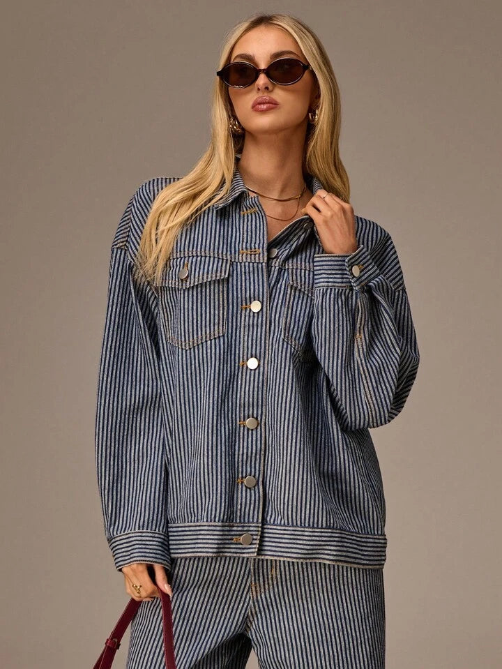 CM-CS757755 Women Casual Seoul Style Collar Neckline Long Sleeve Washed Striped Denim Jacket - Blue