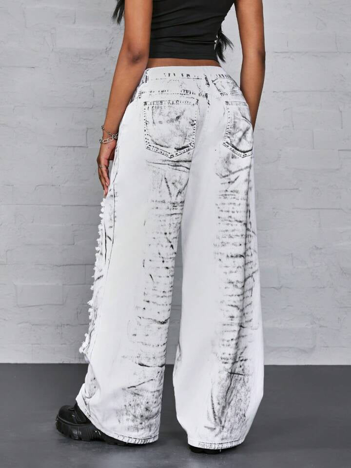 CM-BS860642 Women Casual Seoul Style Digital Printed Distressed Washed Denim Jeans - White