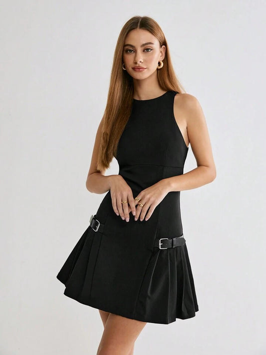 CM-DS443316 Women Casual Seoul Style Round Neck Sleeveless Belt Decor Pleated Hem Mini Dress - Black