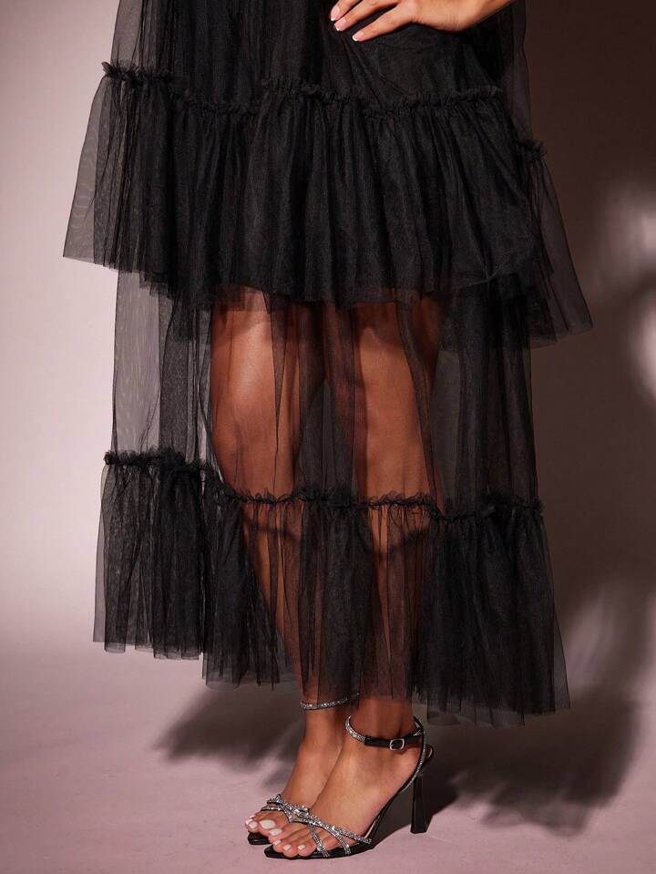 CM-DS243277 Women Elegant Seoul Style Round Neck Short Sleeve Contrast Mesh Tulle Tiered Maxi Dress - Black