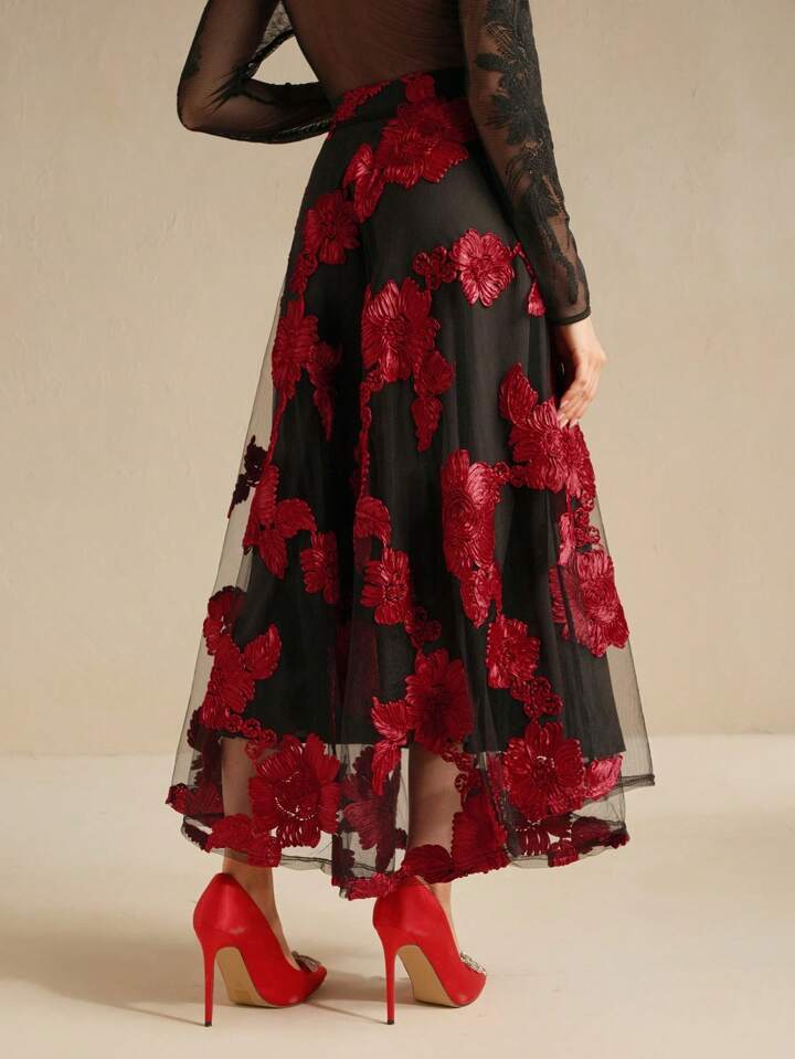 CM-BS333321 Women Elegant Seoul Style Floral Embroidery Mesh High Waist A-Line Skirt