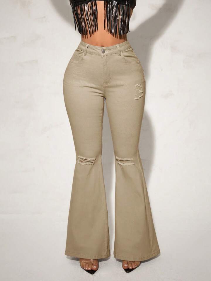 CM-BS938328 Women Casual Seoul Style Solid Color Frayed Hem Skinny Flared Jeans - Khaki