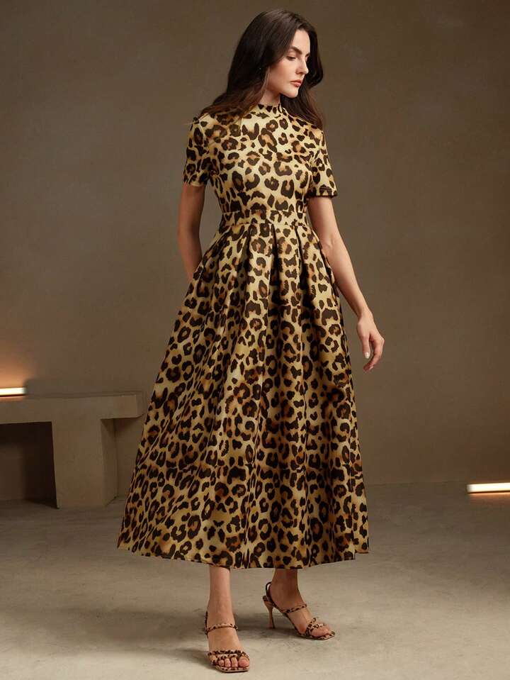 CM-DS457520 Women Elegant Seoul Style Leopard Print Stand Collar Short Sleeve Midi Dress - Coffee