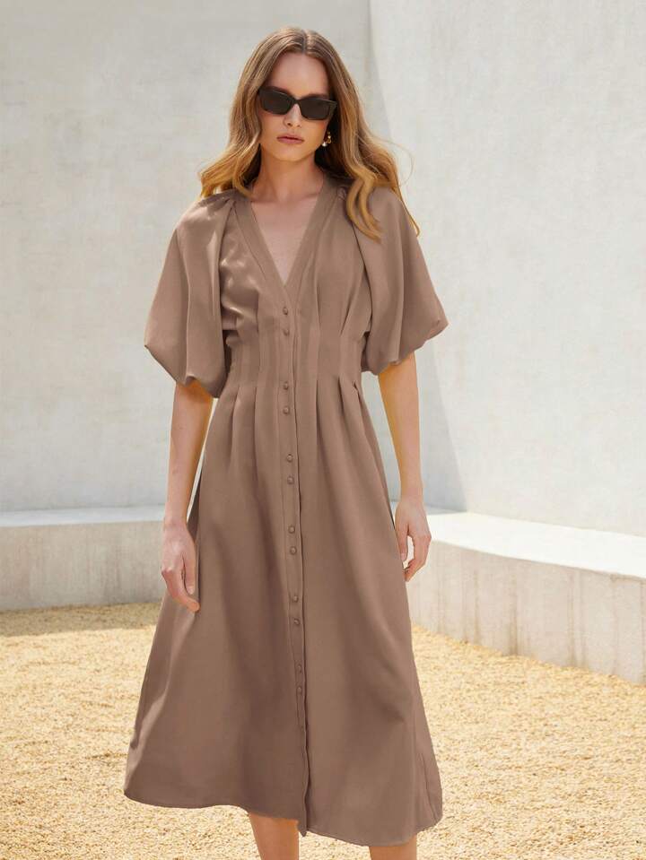 CM-DS400484 Women Elegant Seoul Style Solid Color Chiffon Cinched Waist Puff Sleeve Open Front Long Dress - Coffee