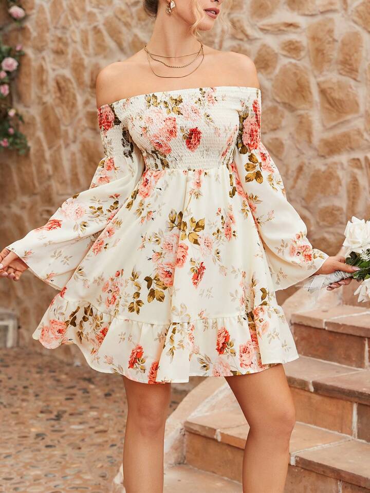 CM-DS394493 Women Trendy Bohemian Style Off Shoulder Romantic Floral Long Sleeve Dress