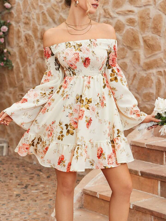 CM-DS394493 Women Trendy Bohemian Style Off Shoulder Romantic Floral Long Sleeve Dress