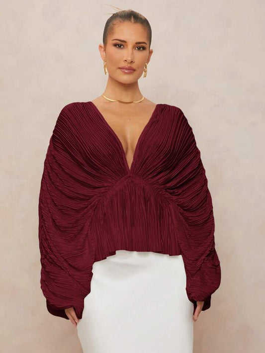 CM-TS272263 Women Elegant Seoul Style Deep V-Neck Long Sleeve Loose Fit Ruffled Hem  Oversized Blouse - Burgundy