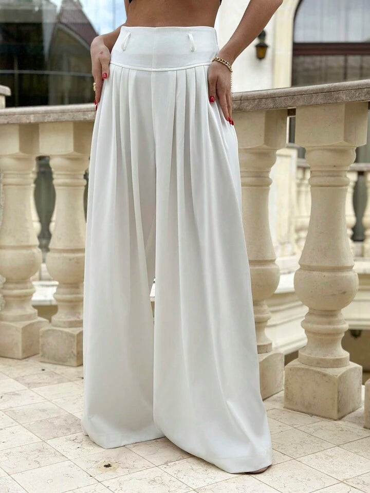 CM-BS094123 Women Casual Seoul Style High Waisted Extra Long Wide Leg Trousers - White