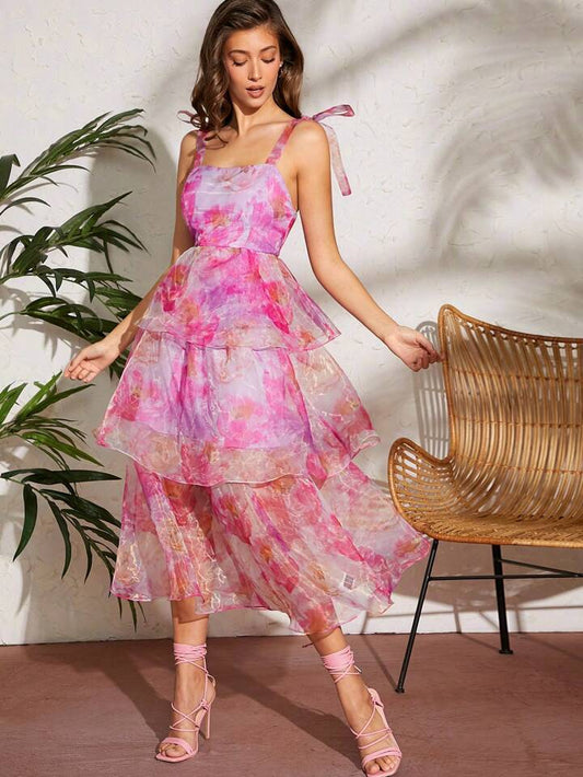 CM-DS700962 Women Elegant Seoul Style Floral Organza Tiered Tie Strap High Waist Dress