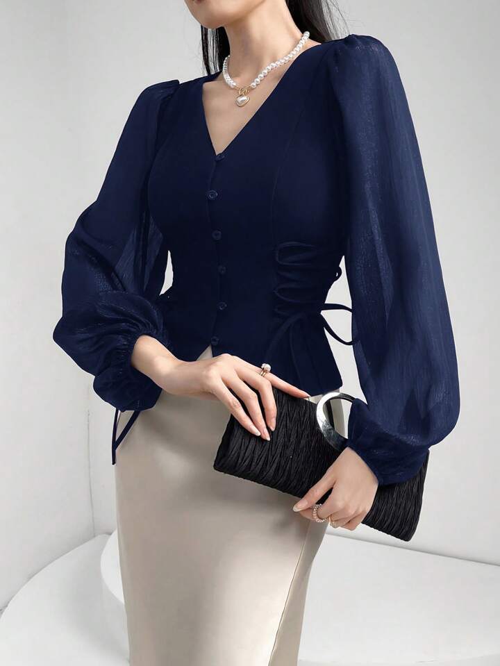 CM-TS858875 Women Elegant Seoul Style Sheer V-Neck Puff Lantern Sleeves Lace-Up Detail Blouse - Navy Blue