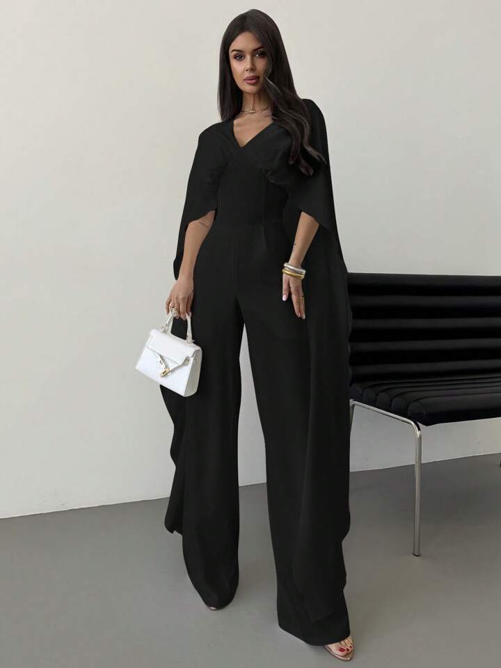 CM-JS483619 Women Elegant Seoul Style V-Neck Cape Extra Long Sleeves Waist Tie A-Line Wide Leg Jumpsuit - Black
