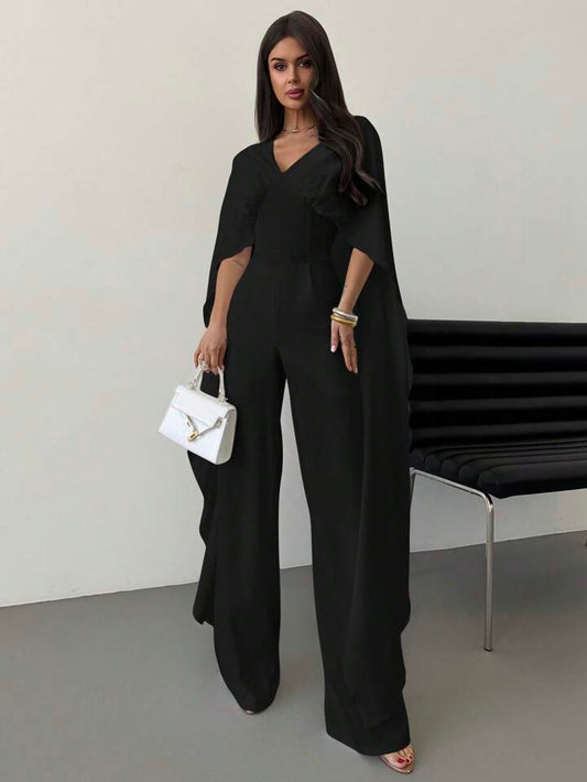 CM-JS483619 Women Elegant Seoul Style V-Neck Cape Extra Long Sleeves Waist Tie A-Line Wide Leg Jumpsuit - Black