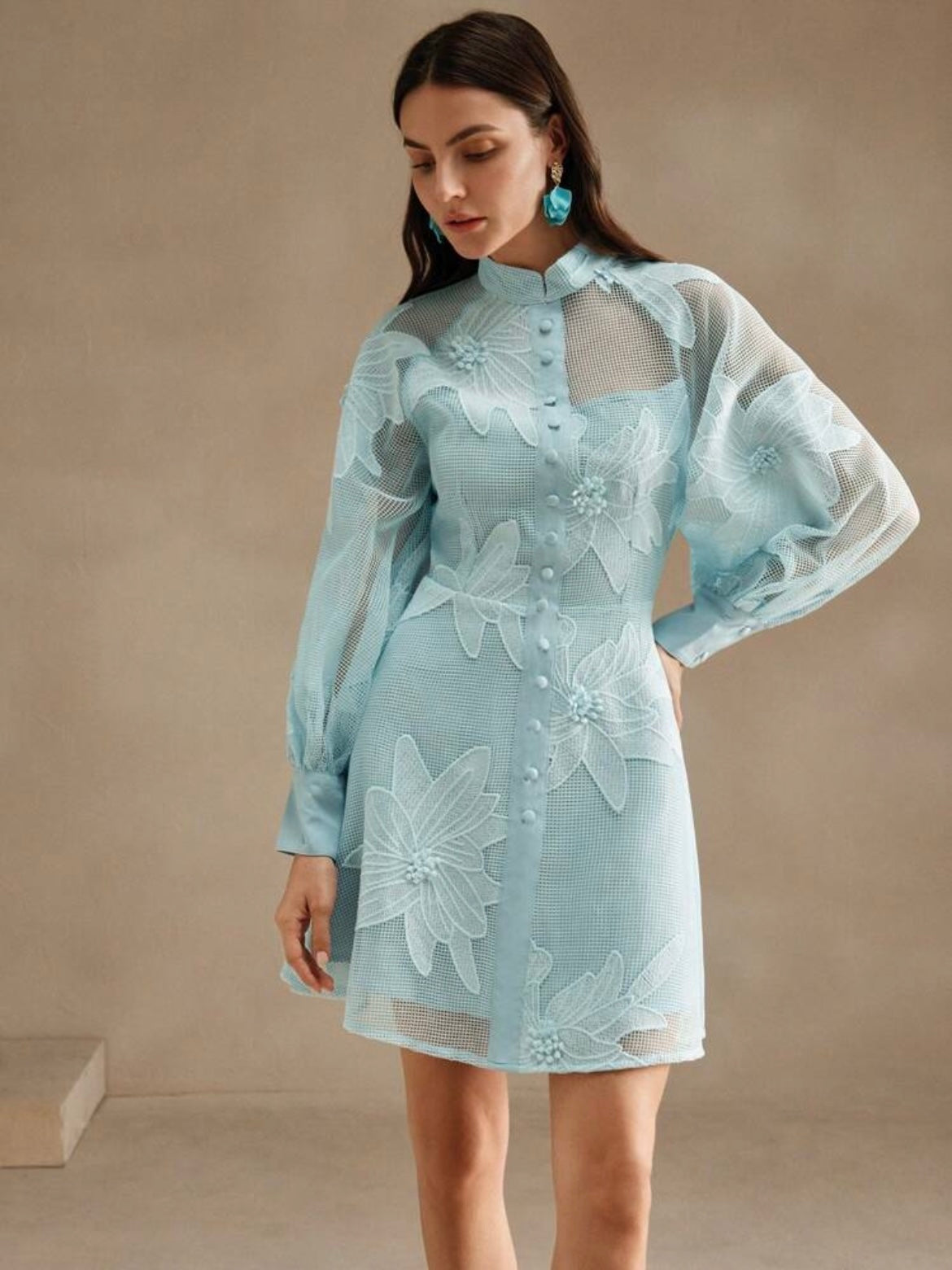 CM-DS852705 Women Elegant Seoul Style Collar Neckline Lace Cinched Waist Lantern Sleeve Dress - Baby Blue