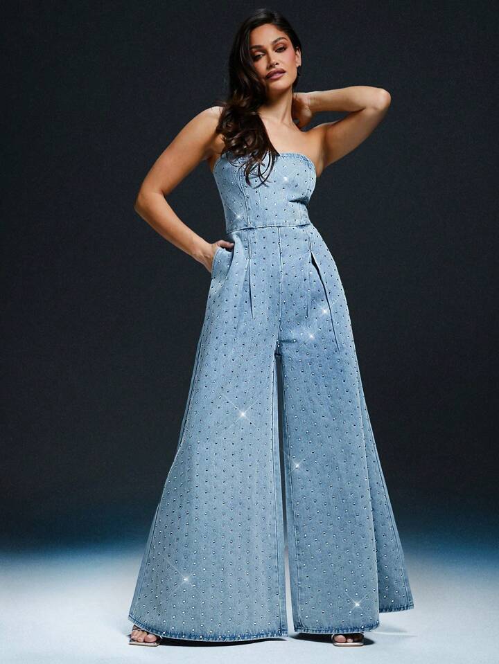 CM-JS136046 Women Elegant Seoul Style Light Wash Rhinestone Detail Wide Leg Denim Jumpsuit