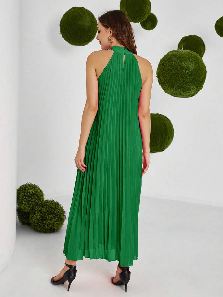 CM-DS666099 Women Casual Seoul Style Solid Color Halter Neck Sleeveless Pleated Dress - Green