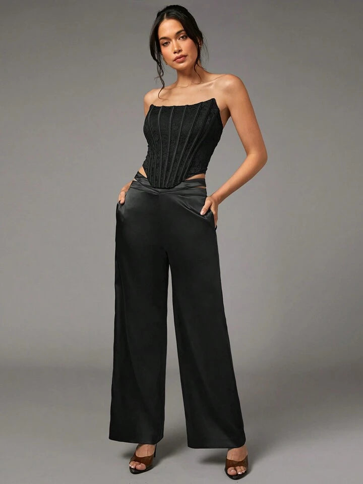 CM-BS999830 Women Elegant Seoul Style Satin Waist Hollow V-Waist Straight Leg Wide Leg Pants