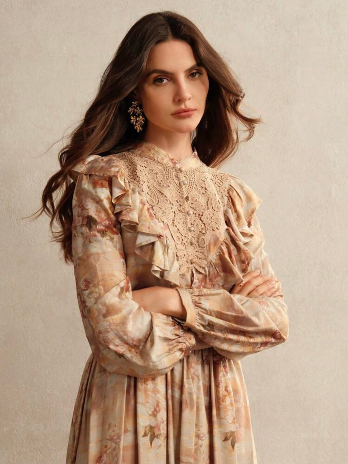 CM-TS379818 Women Elegant Seoul Style Floral Print Lace Ruffled Trim Blouse