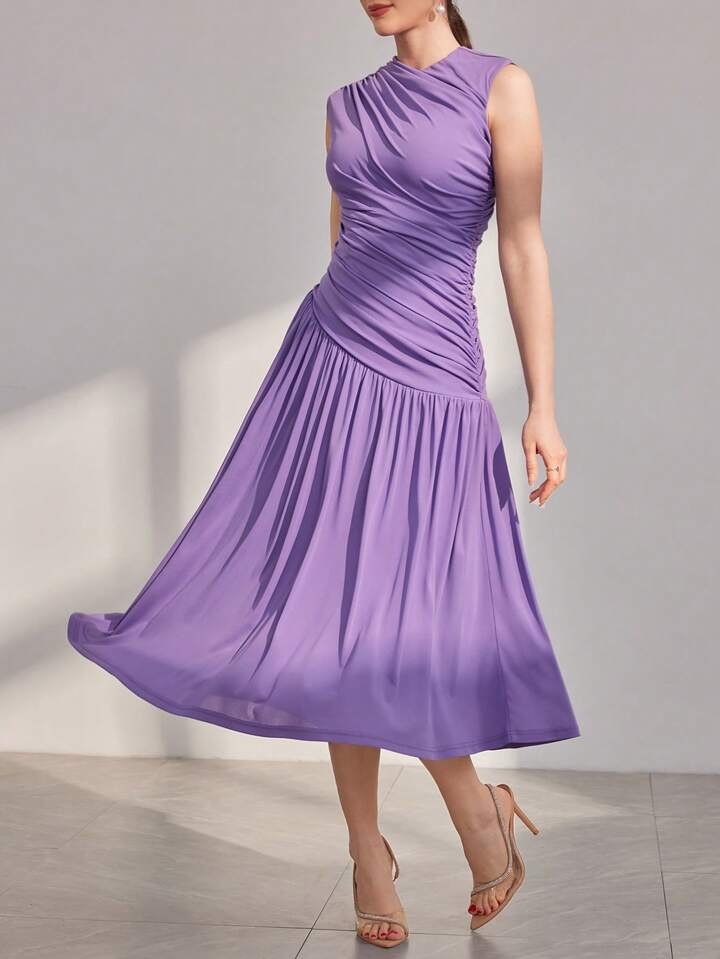 CM-DS870897 Women Elegant Seoul Style Stand Collar Pleated Sleeveless Dress - Mauve Purple