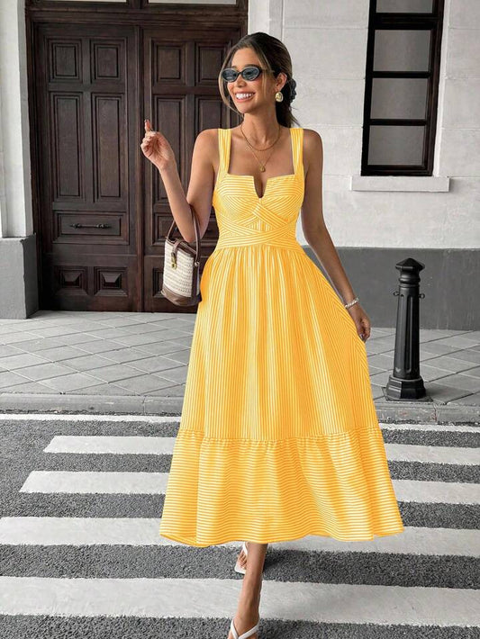 CM-DS108061 Women Trendy Bohemian Style V-Neck Sleeveless Striped Criss-Cross Dress - Yellow