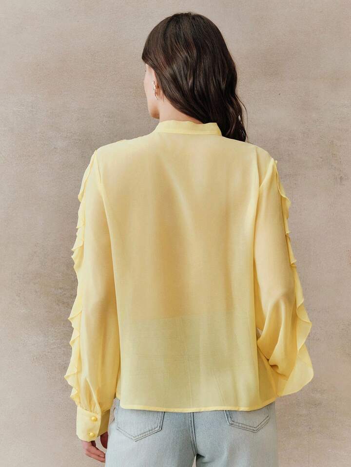 CM-TS521178 Women Elegant Seoul Style Minimalist Tie-Front Ruffle Trim Long Sleeve Blouse - Yellow