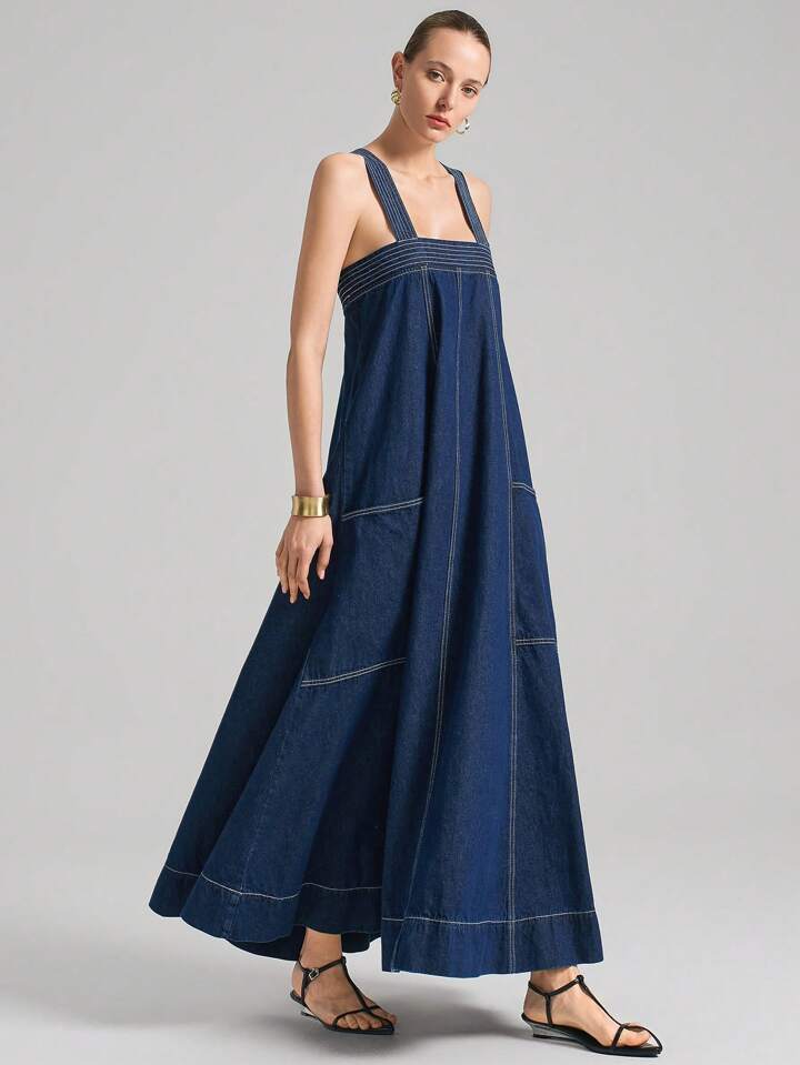 CM-DS471843 Women Casual Seoul Style Dark Wash Thick Strap Backless Loose Denim Dress